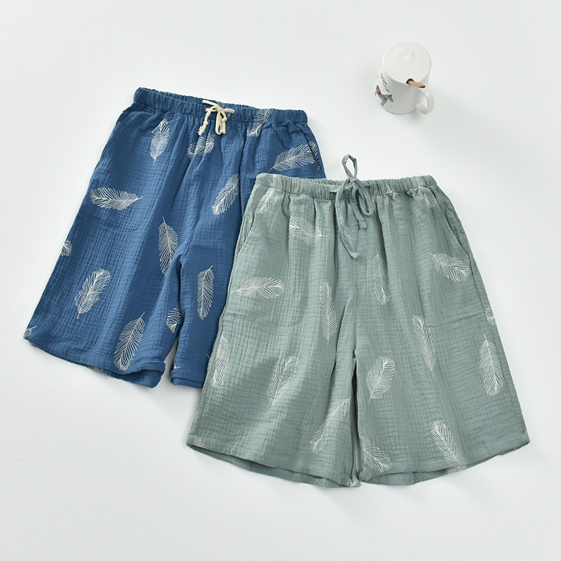 Sleeping Pants Male Shorts Pure Cotton Summer 50% Pants Beach Pants Double Layer Gauze Day Department Brief Home Pants Summer Thin