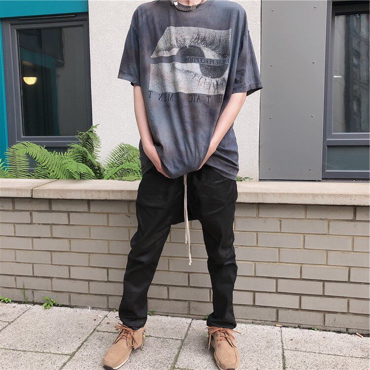 falseperception blue eyes printed short sleeve washed as old vintage anti-slit loose ancient T-shirt