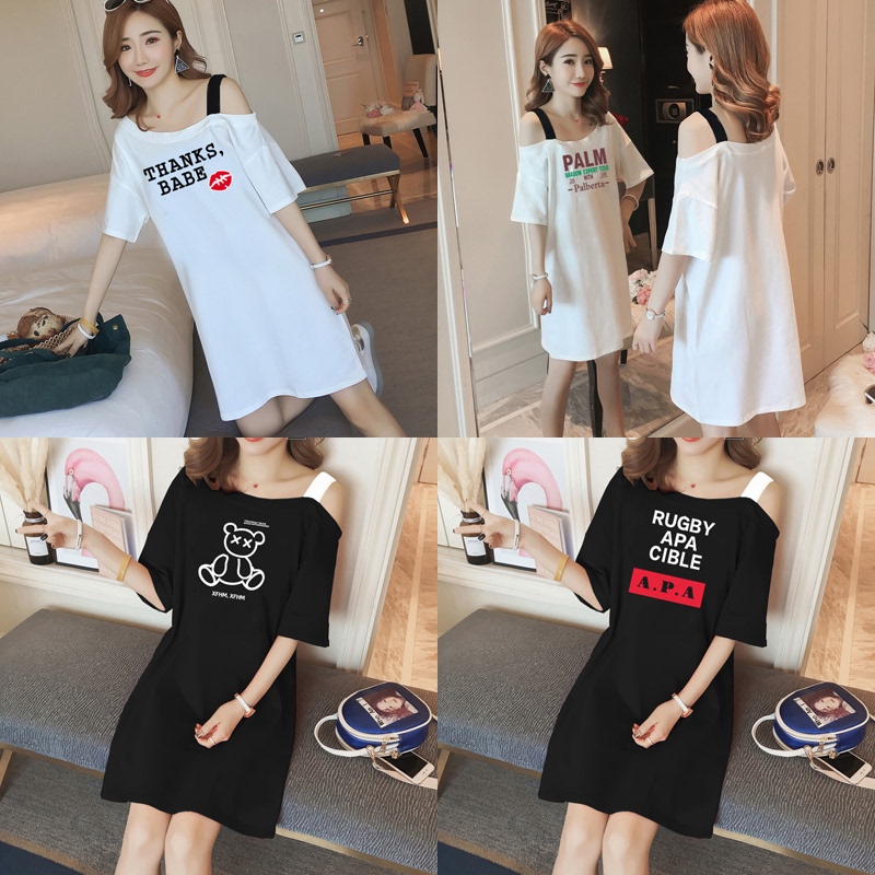 Sexy Nightgown for Women, Summer Short-Sleeved, Off-Shoulder, Loose-Fitting, Pure Cotton Sleepwear, Mid-Length, Can Be Worn Outside