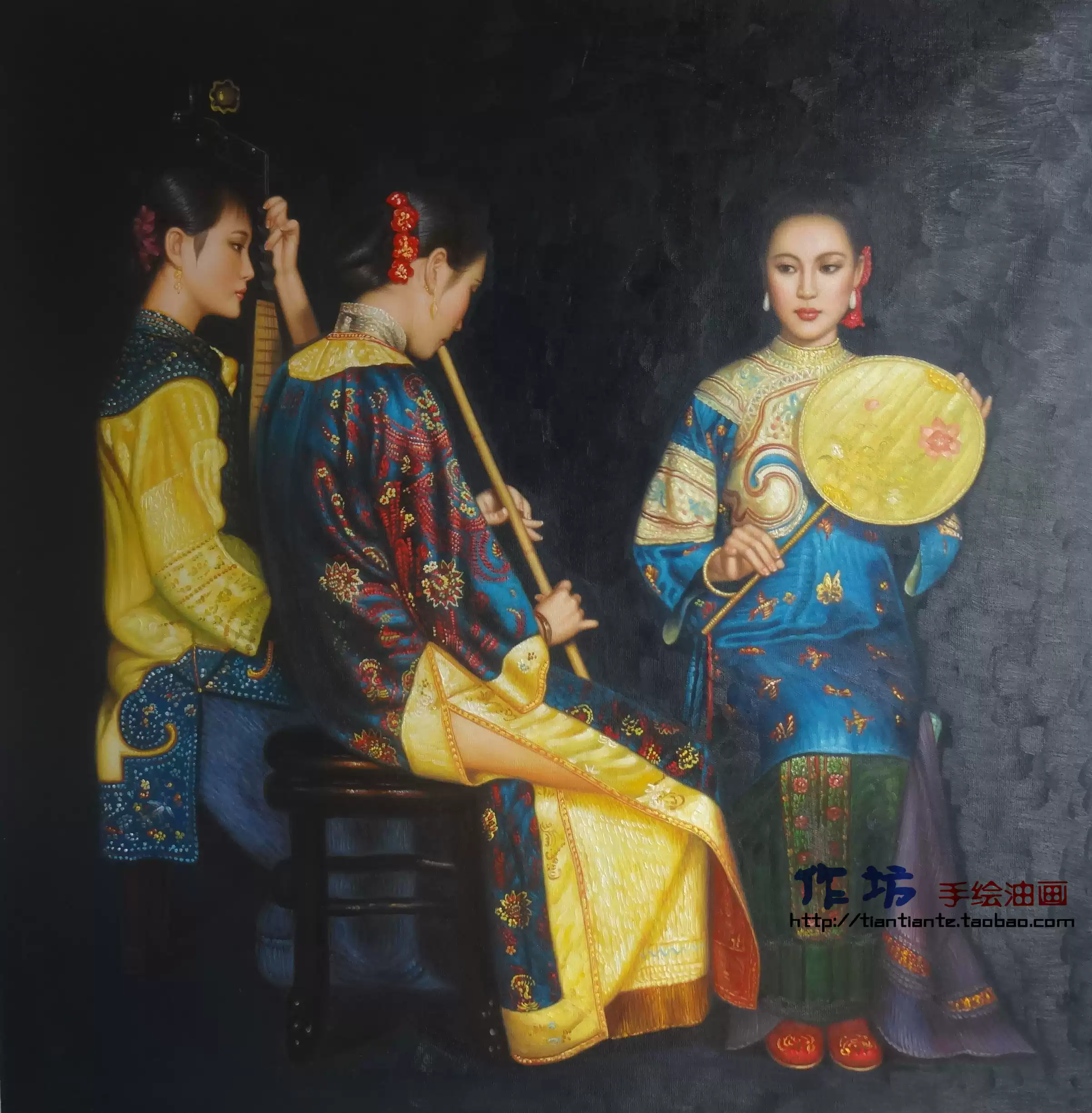 手绘陈逸飞油画古典仕女挂画五美奏乐简约现代风格无框布画