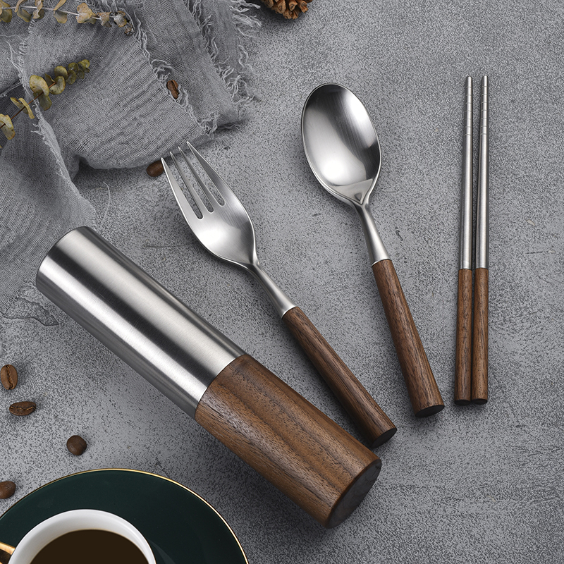 Portable Chopsticks Spoon Suit Black Sandalwood Cylindrical Wood Stainless Steel Knife Fork travel cutlery for one person with -Taobao