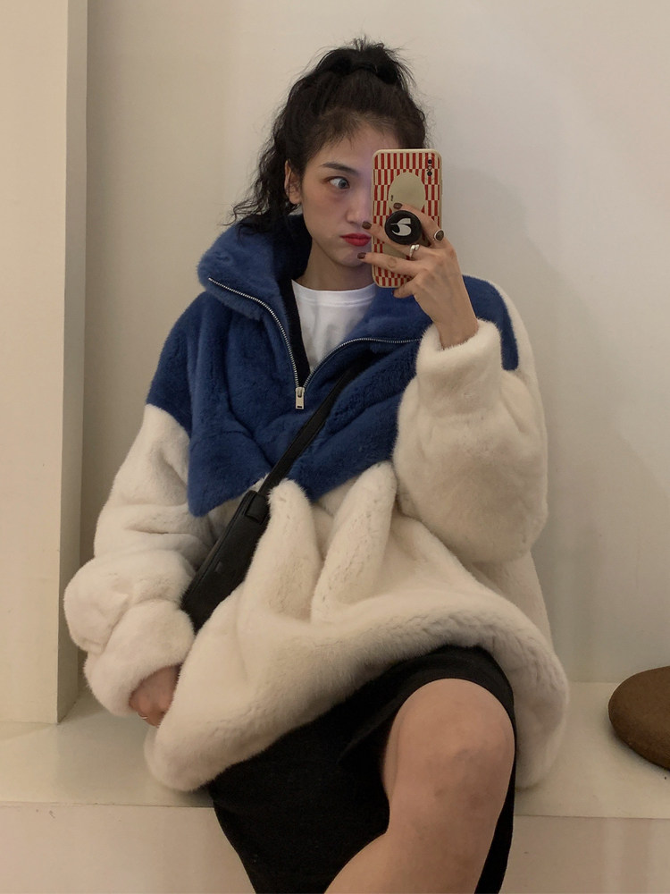 2022 design sense rabbit fur sweater women's plus velvet thickened oversize pullover top ins trendy fur coat winter