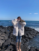 2021 autumn and winter new lamb coat womens long loose collar leather buckle jacket fur one-piece coat tide