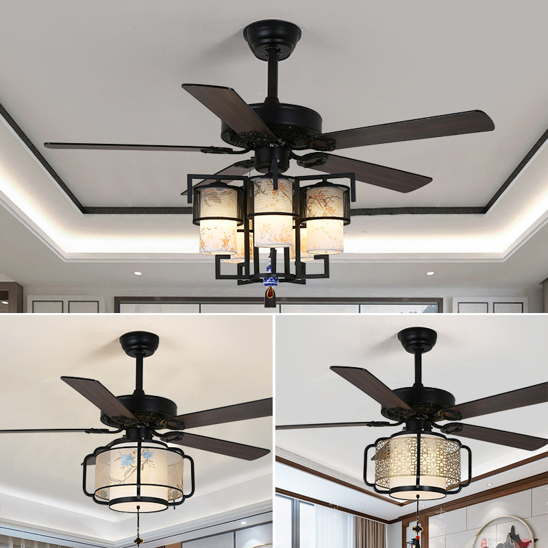 New Chinese Dining Hall Ceiling Fan Light China Wind Imitation Ancient Living Room Fan Chandelia Household Wood Leaf Lantern Electric Fan Chandelia