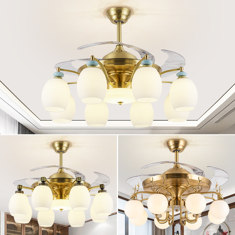 New Chinese all-copper invisible ceiling fan light Living room modern minimalist dining room ceiling fan lamp light and luxurious bedroom LED fan