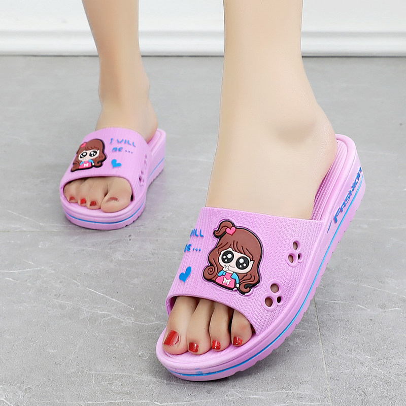 Thick Sole Slippers Women's Wedge Heels Non-slip Soft Sole Beach Sandals And Slippers Shoes Home All-match Bath Cartoon Ladies Sandals And Slippers