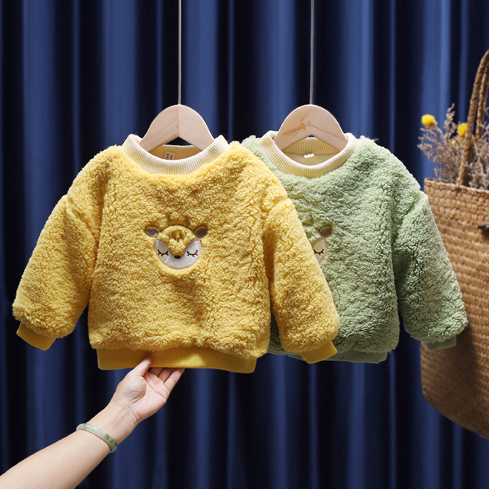 2020 girl's autumn winter new thick cotton T plus suede children thickened wool sweater winter dress baby lamb blouse