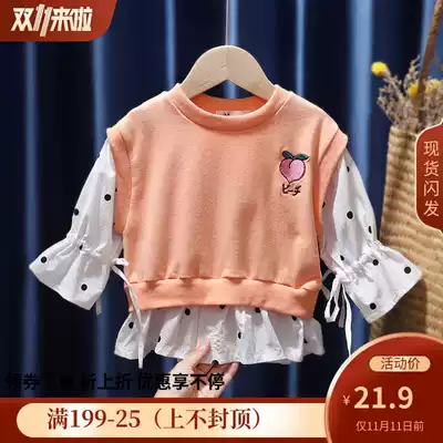 Girls 2021 new children's fake two-piece long sleeve shirt female baby spring autumn thin tide children Spring casual top