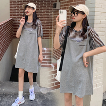 Summer Net Red Women Package Fashion Pure Cotton Strip T-shirt in the middle of long pregnancy late pregnancy MM dress