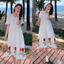 Summer maternity dress loose cotton and linen dress mid-length large size slimming MM200 catties large size belly cover top
