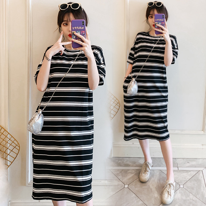 Pregnant women summer net red dress striped loose dress long section over the knee large size was thin late pregnancy fat MM dress