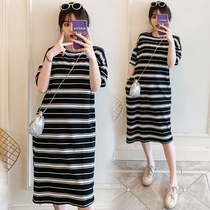 Pregnant women summer net red stripes loose dress long knee large yards and late fat MM dress
