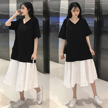 Summer fashion Pregnancy Maternity Dress Fake two T-shirt blouses with larger code loose medium length 200 catty short sleeve one-piece dress