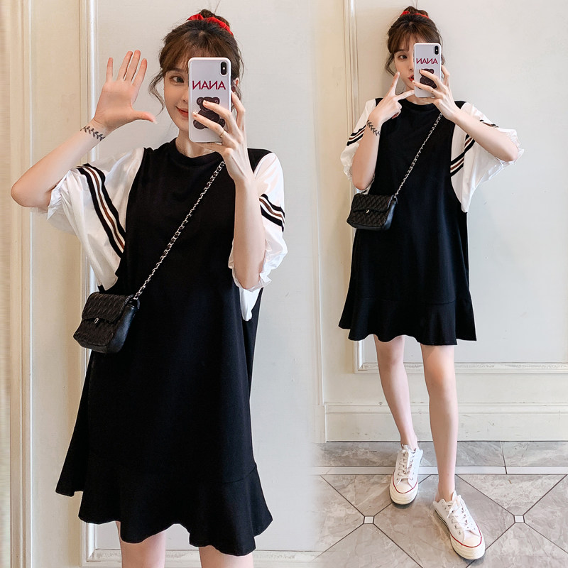 Fashion trendy mother summer maternity dress large size loose short-sleeved dress mid-length late pregnancy fat MM summer top