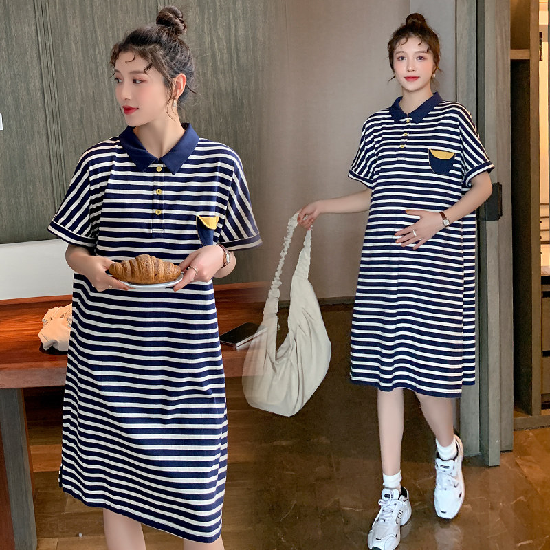 Summer new maternity dress striped dress mid-length fashion foreign style late pregnancy loose and thin T-shirt top