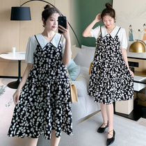 Summer net red maternity dress fake two-piece floral loose dress mid-length pregnancy fat MM doll collar top