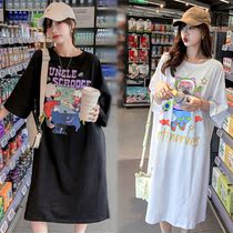 Summer new Korean maternity dress pure cotton loose T-shirt dress long section over the knee large size thin 200 catties top