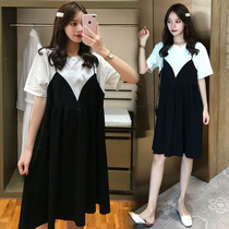 Summer pregnant woman short sleeve one-piece dress for long term fat MM big code loose spring clothing fake two t-shirt blouse