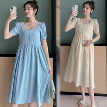 Summer net red pregnant woman suit fashion trendy mother loose short-sleeved dress mid-length late pregnancy fat MM belly skirt