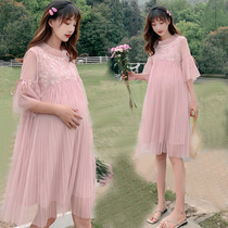 Summer maternity dress mesh stitching dress mid-length fashion trendy mother foreign style loose and thin late pregnancy top