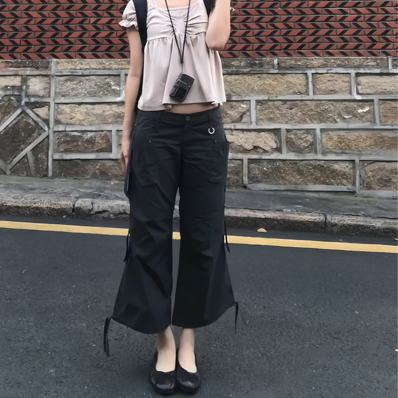 Plus-Size American Retro Workwear Pocket Wide-Leg Cropped Pants for Women, New Summer Style, Slimming, Slightly Flared Casual Mid-Length Pants