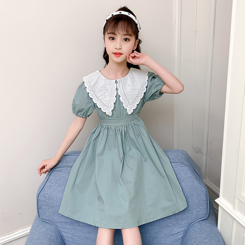Girl Foreign Dress Summer Dress 2021 New Korean Version Foreign Floral Lace Collar Girl Short Sleeve Cotton Fabric Skirt Over Knee Princess Dress