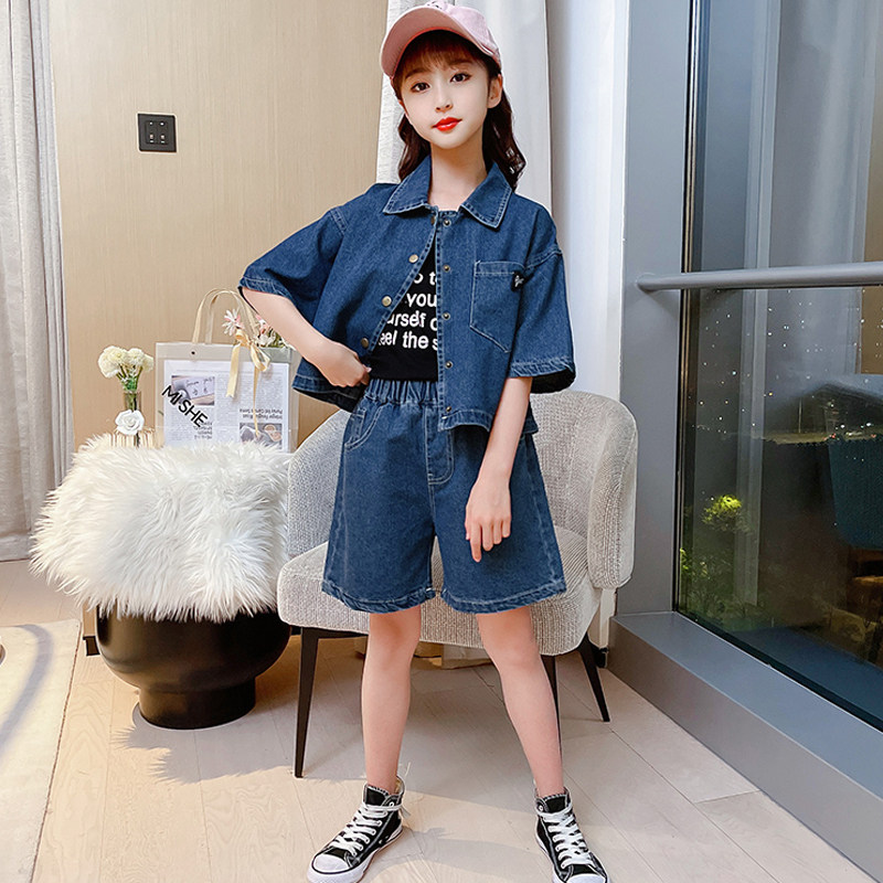 Girl short sleeve suit 2021 new summer foreign Korean version fashion boy clothing trendy denim shorts two sets of damp