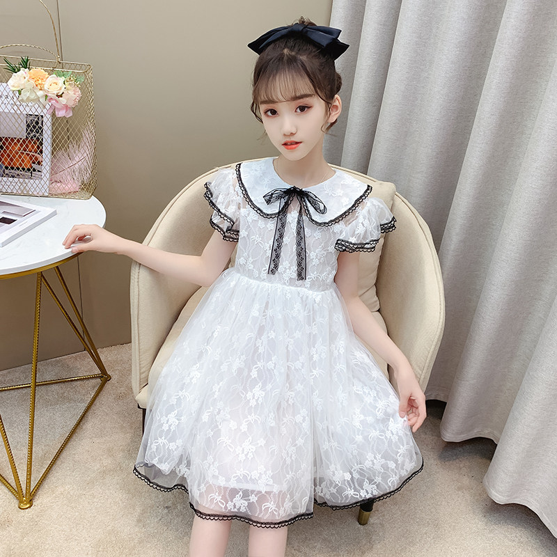 Girl Ocean Dress Summer 2021 New Stylish Polo Dolls Collar Little Girl Web Yarn Princess Lace Princess Dress