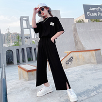 Girl Wide Leg Pants Suit Summer 2021 New Korean Version Smiley Face Short Sleeve Children Ocean Gas Open Fork Long Pants Two Sets