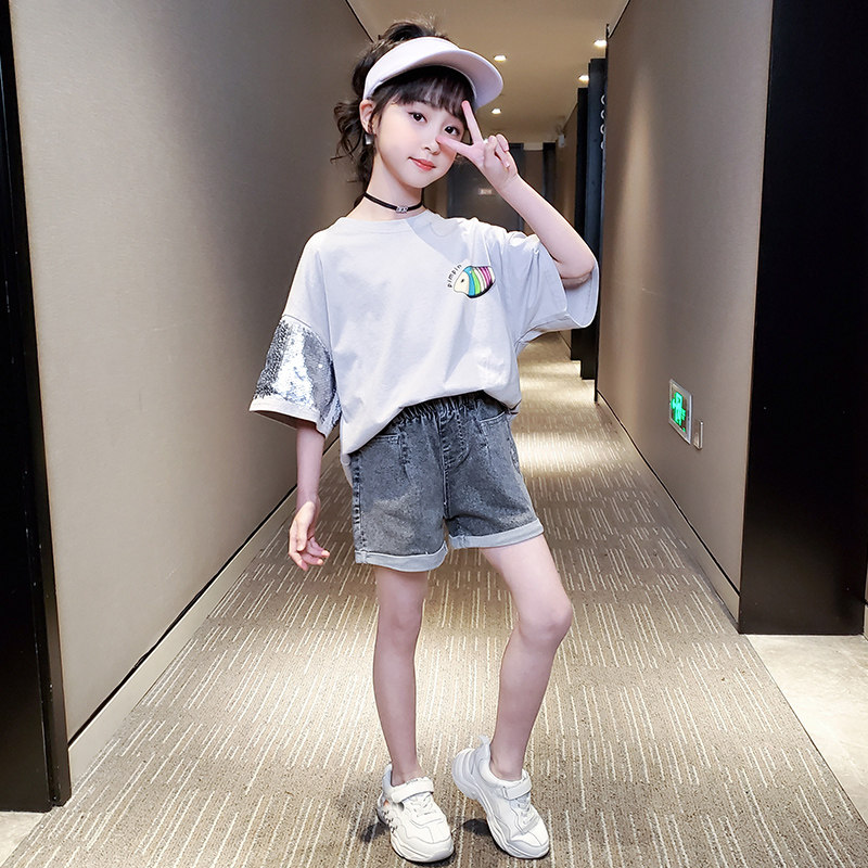 Girl Little Fish Suit 2021 Summer New Loose Mesh Red Kitten Bright Sheet Short Sleeve Tide Jeans Shorts Two Sets