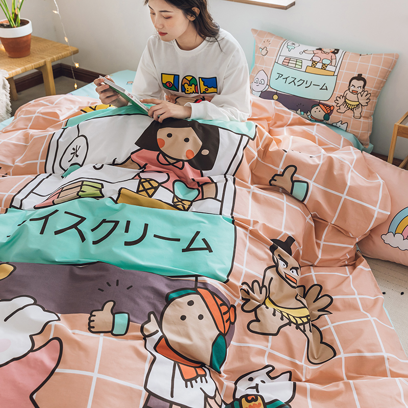 Day-style large version flower active full cotton four sets linen net red pure cotton quilt cover cartoon cute bed linen bed bedding