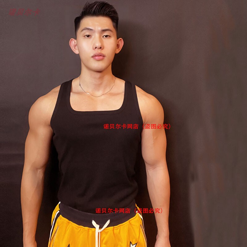 New Black Ribbed Square-Neck Slim-Fit Sports Pullover Vest for Fitness Training, Pure Cotton, Casual Versatile Men's Trendy Style
