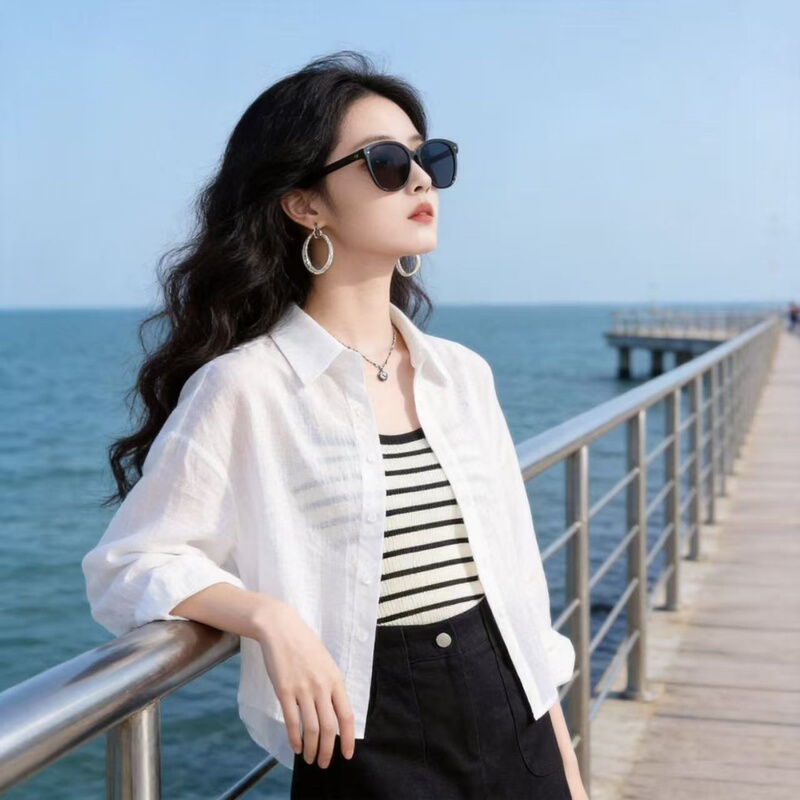 Tencel Lightweight Sun Protection Shirt for Women, Long-Sleeved Summer Short Top for Petite Figures, White Thin Cardigan Shirt Jacket Tencel Lightweight Sun Protection Shirt for Women, Long-Sleeved Summer Short Top for Petite Figures, White Thin Cardigan Shirt Jacket