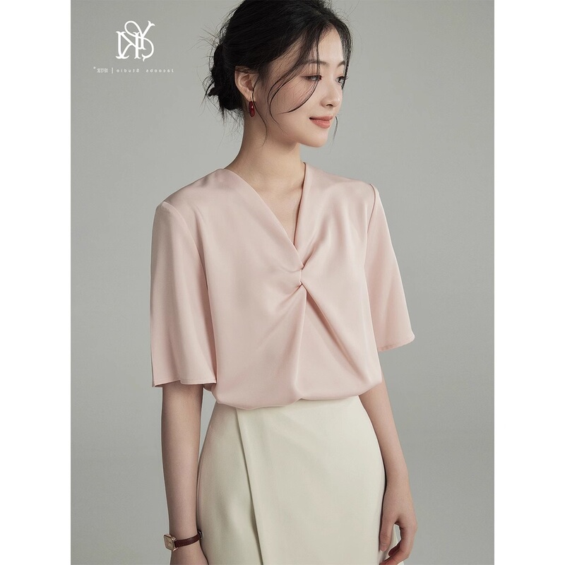 Pink Satin Short-Sleeved Shirt for Women, Summer Fashion Women's Clothing, Chest Twist Top, Gentle Style, Sweet Base Shirt