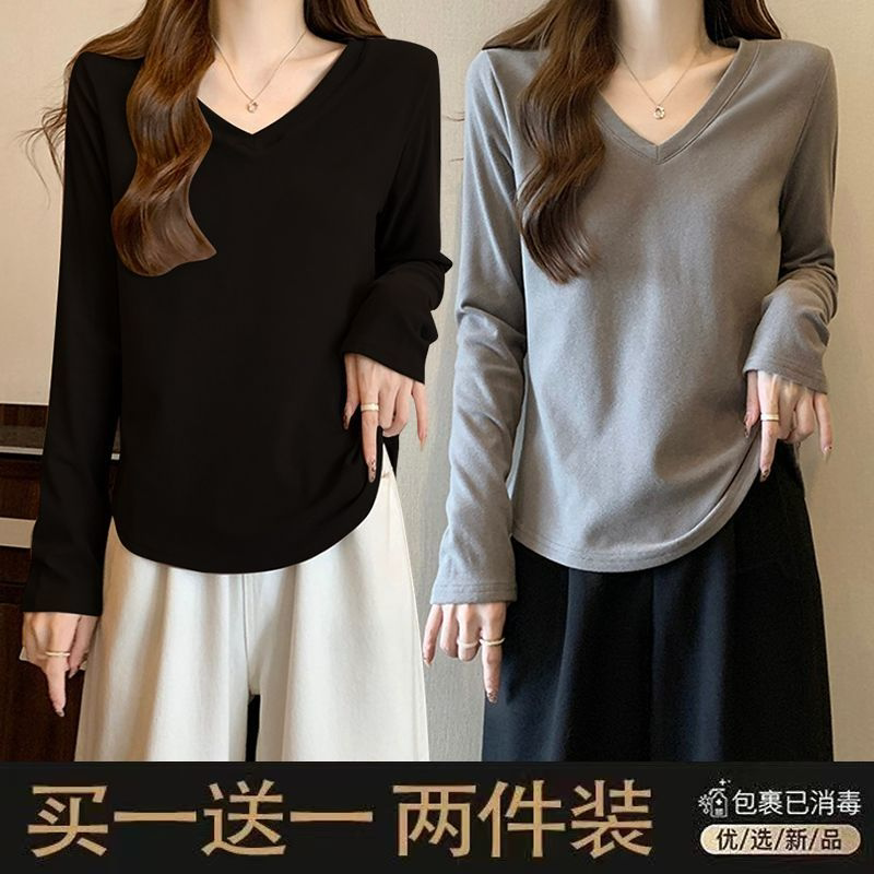 Single/Two-Piece Plus-Size Women's Clothing for Chubby Women, Tummy-Covering German Velvet V-Neck T-Shirt, Women's 2026 Autumn and Winter New Long-Sleeved Top