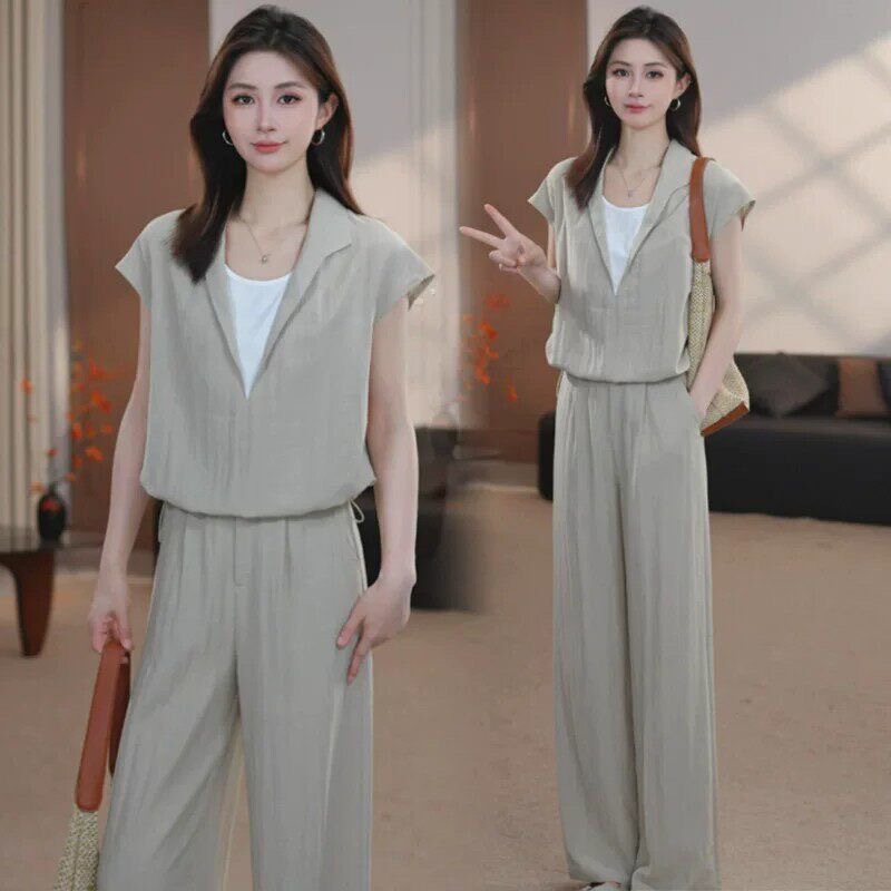 Fashionable Women's Summer New Two-Piece Set, Youthful Short-Sleeved Top with Drapey Straight-Leg Pants, Very Stylish Two-Piece Set Fashionable Women's Summer New Two-Piece Set, Youthful Short-Sleeved Top with Drapey Straight-Leg Pants, Very Stylish Two-Piece Set