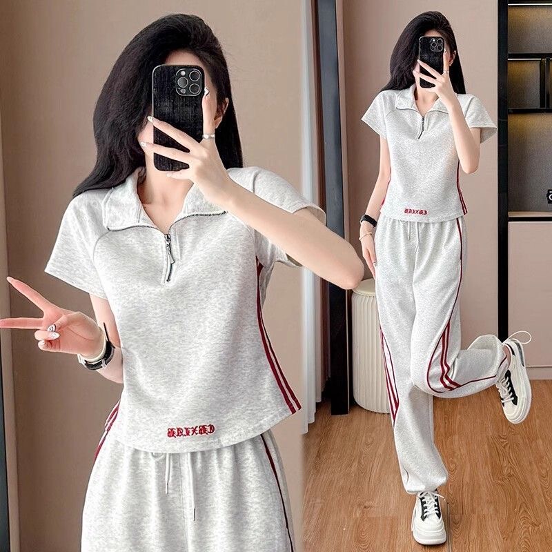 Fashionable New Casual Sports Suit for Women, Summer Loose Fit, Slimming Thin Style, Age-Reducing Polo Short-Sleeve and Long Pants Two-Piece Set