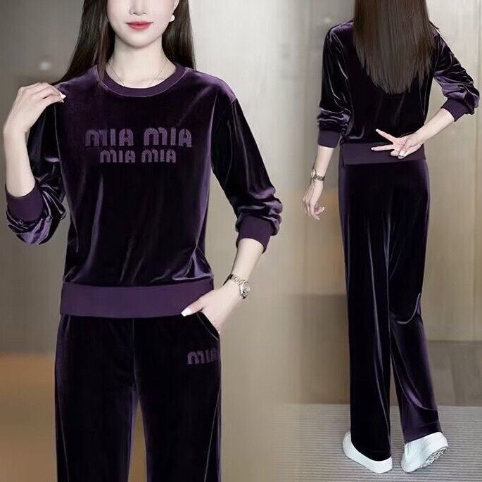 Gold Velvet Casual Suit for Women 2024 Autumn New Fashion Stylish Slimming High-End Running Sports Two-Piece Set
