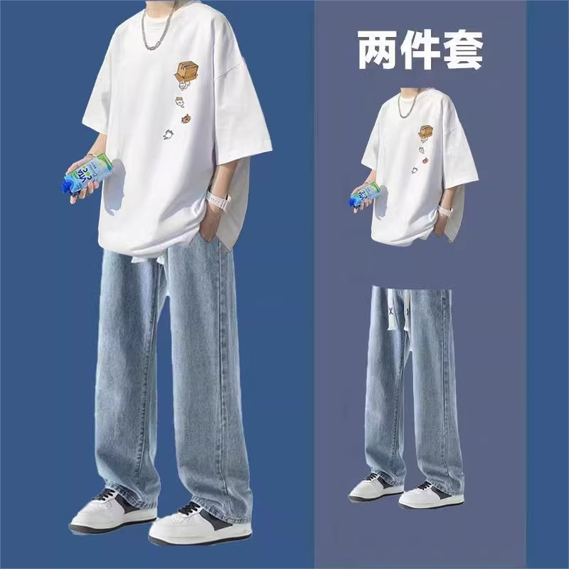 Hong Kong Style Pure Cotton Short-Sleeved T-Shirt Set for Men, Summer Trendy Brand, Cool and Handsome Outfit, Paired with Jeans, Student Casual Two-Piece Set