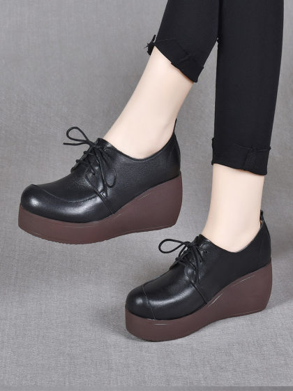 牛皮厚底复古鞋2025秋新款松糕跟女单鞋英伦坡跟高跟休闲女鞋皮鞋