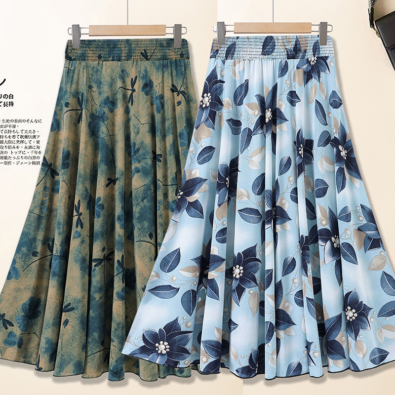 Ice Silk Drapey Anti-Wrinkle No-Iron Skirt High-Waisted Floral Mid-Length Skirt 72cm Pleated Skirt Elegant Flared Skirt Summer