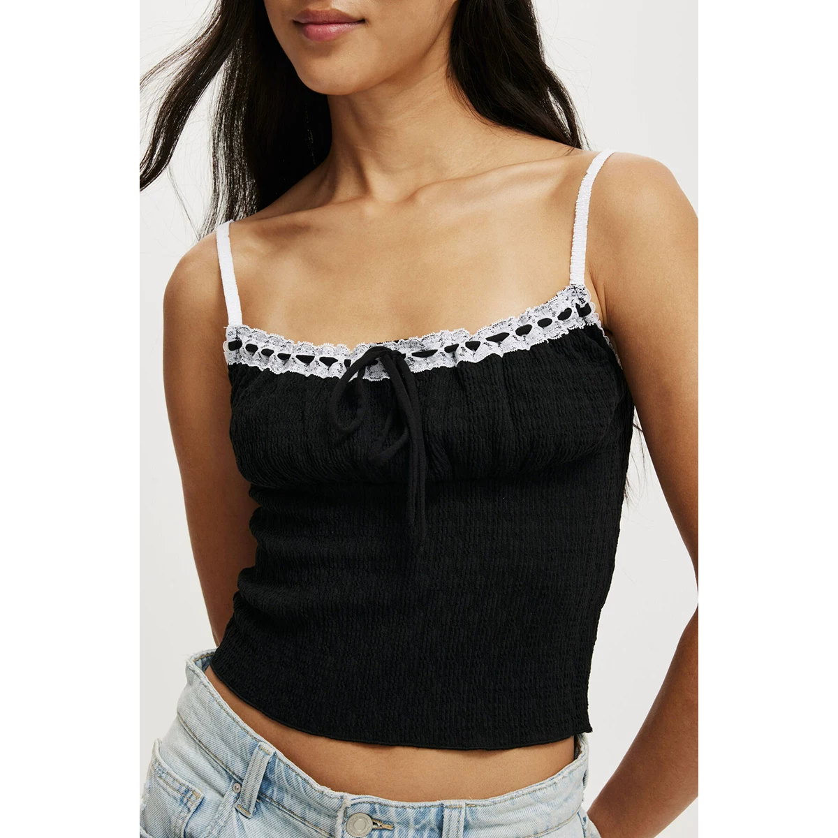 Камерзалетка (camisole) с французским кружевом и бантом, плиссированная, хлопковый стиль, узкая