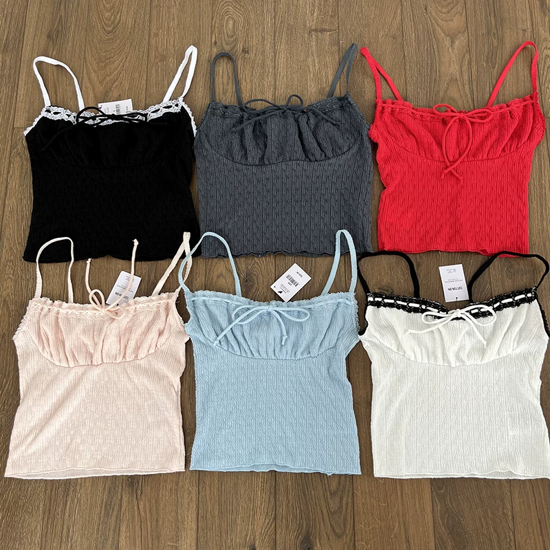 Камерзалетка (camisole) с французским кружевом и бантом, плиссированная, хлопковый стиль, узкая