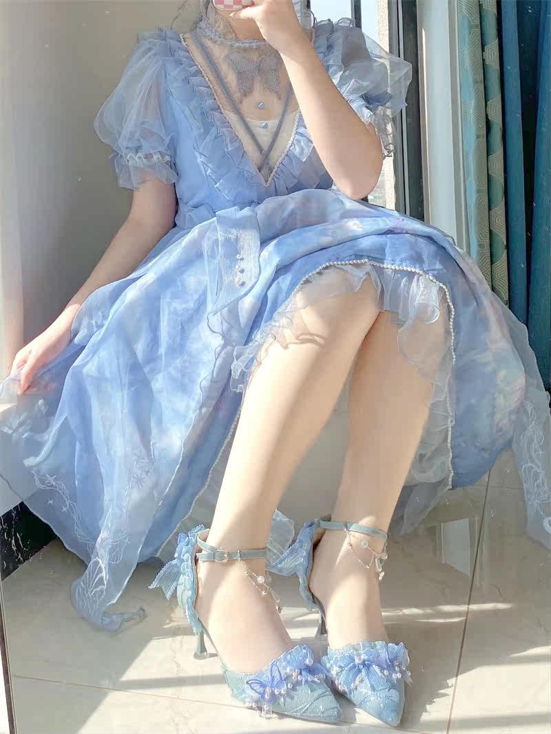 Обувь 汉姿娇语原创深海医院花嫁lo鞋尖头百搭lolita手作高跟鞋优雅茶会