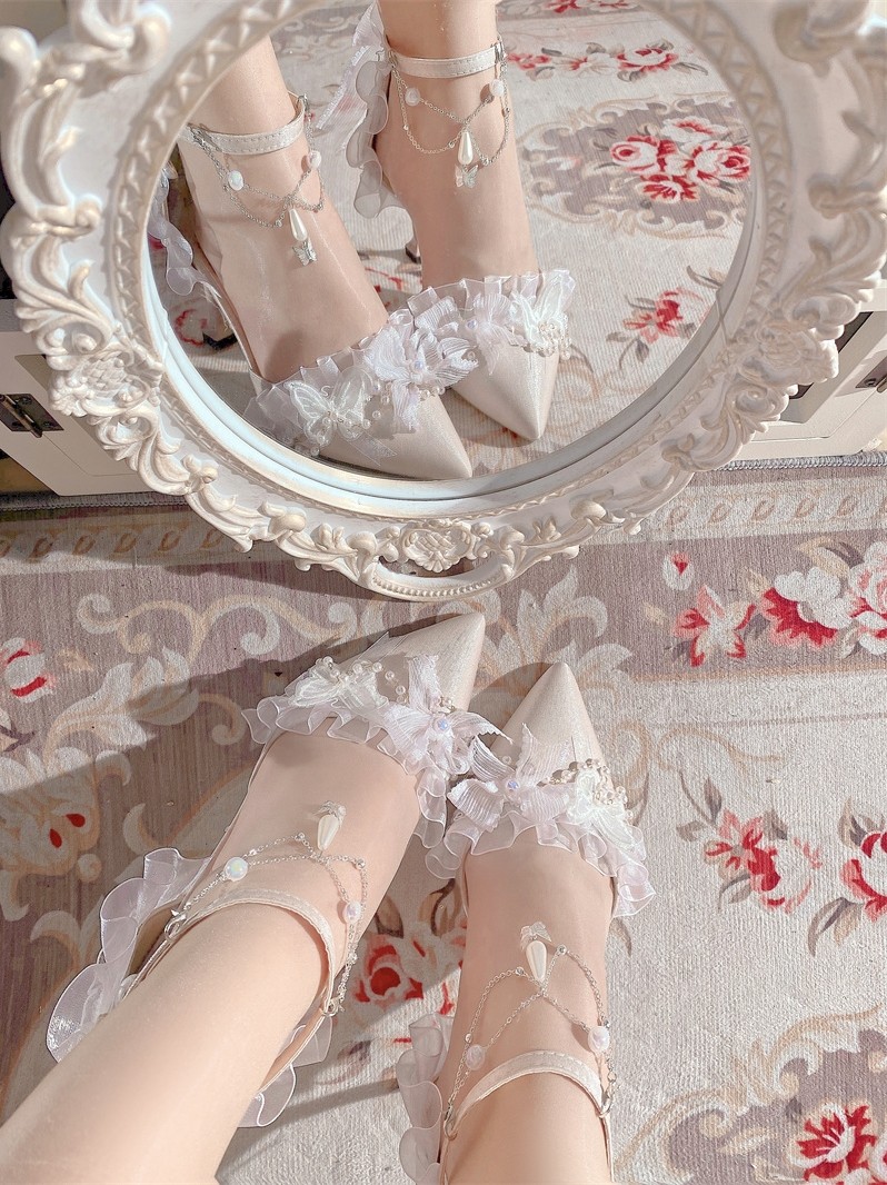 Обувь 原创深海医院花嫁lo鞋尖头芙拉小姐手作优雅高跟鞋百搭lolita茶会