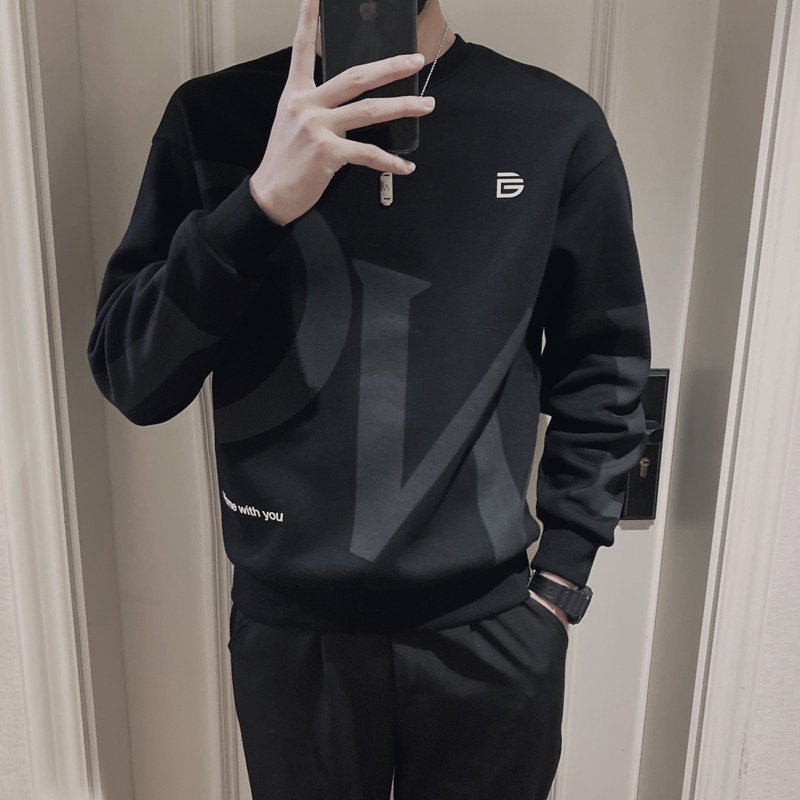 Trendy brand pullover round neck thick cotton T men's new long-sleeved simple loose black top Korean popular casual jacket men