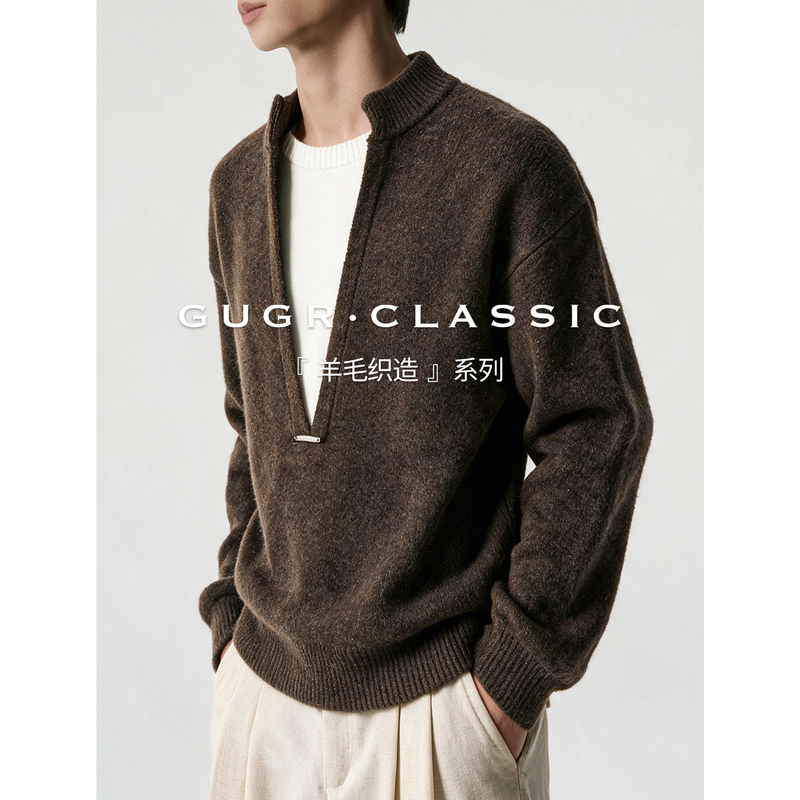 Gugr【Wool Knitting】Autumn and Winter Relaxed Two-Piece Style Stand-Up Collar Sweater for Men, Old Money Style Casual Knitwear