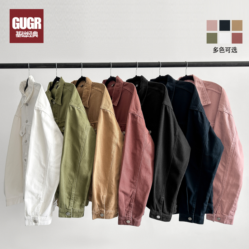 Gugr High-Quality Pure Cotton Denim, Asoet-Dyed Vintage Denim Jacket for Men, Oversized Lapel Washed Jacket