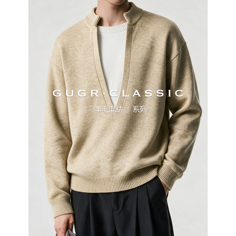 Gugr【Wool Blend】Old Money Style Fake Two-Piece Knitted Sweater for Men, New Loose Casual Top for Autumn and Winter