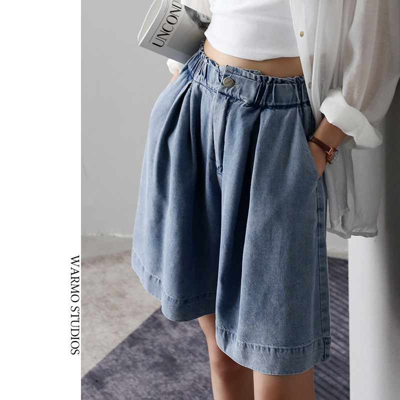 Warmo Tencel denim shorts women's summer loose high-waist slimming style wide-leg straight-leg five-point pants for women